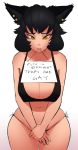  1girl animal_ears belly black_hair black_panties bra breasts cat_ears deee ear_piercing eyebrows kali_belladonna lips milf panties rwby short_hair simple_background solo standing stomach text underwear white_background yellow_eyes 