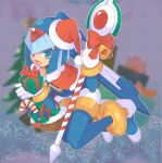  absurdres android basket bell blue_eyes bodysuit bow box bracelet candy candy_cane capcom capelet christmas christmas_tree commentary_request daisuke_621 food full_body gift gift_box gloves hat helmet high_heels highres holding jewelry leviathan_(rockman) open_mouth polearm red_bow red_capelet ribbon rockman rockman_zero santa_hat smile solo spear weapon white_gloves 