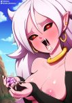  +_+ 1girl android_21 arm_warmers black_sclera blue_sky blush breasts cloud day dragon_ball dragon_ball_fighterz ear_piercing hoop_earrings jewelry majin_android_21 medium_breasts nail_polish naughty_face neocoill nipples outdoors pink_skin pointy_ears red_eyes sky solo white_hair 