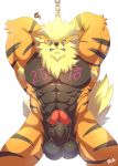  2018 abs anthro anthrofied arcanine balls black_fur black_nose bna_v5 chained erection fur green_eyes humanoid_penis looking_at_viewer male muscular muscular_male nintendo orange_fur pecs penis pok&eacute;mon pok&eacute;mon_(species) simple_background solo text video_games white_background 