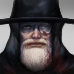  2015 beard black_hat blood blood_on_face bloodborne bloody_clothes brown_eyes closed_mouth commentary dated english facial_hair hat hunter_(bloodborne) kkop looking_at_viewer male_focus monocle number portrait signature solo white_hair 