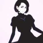  black black_dress black_eyes black_hair closed_mouth dress earrings hoop_earrings ilya_kuvshinov jewelry juliet_sleeves long_sleeves looking_at_viewer original puffy_short_sleeves puffy_sleeves short_hair short_sleeves simple_background smile solo 