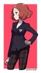  blazer blush brown_eyes brown_hair commentary_request crossdressing do_m_kaeru jacket okumura_haru pants persona persona_5 plaid plaid_pants short_hair shuujin_academy_uniform smile turtleneck twitter_username 