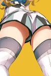  ass black_legwear black_panties blonde_hair boots close-up foreshortening from_behind from_below gambier_bay_(kantai_collection) head_out_of_frame highres kantai_collection kasoku_souchi legs_apart long_hair panties panty_peek partially_visible_vulva shiny shiny_skin short_sleeves shorts solo thigh_boots thighhighs thighhighs_under_boots thighs underwear upshorts white_footwear 