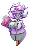  2017 areola big_breasts biped bouquet breasts choker clothed clothing elfdrago female flora_fauna flower green_body grin hair hi_res humanoid nintendo nipple_slip nipples not_furry nurse nurse_uniform plant pok&eacute;mon pok&eacute;mon_(species) pok&eacute;morph red_eyes rose roserade simple_background smile solo standing teeth thick_thighs uniform video_games white_background white_hair 