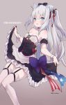  american_flag american_flag_print animal_ears azur_lane bangs bare_shoulders black_bow blue_bow blue_eyes blush bow breasts brown_background cat_ears cat_hair_ornament character_name commentary_request detached_sleeves dress eyebrows_visible_through_hair fang flag_print garter_straps hair_between_eyes hair_bow hair_ornament hair_ribbon hammann_(azur_lane) highres long_hair looking_at_viewer mimelond one_side_up open_mouth puffy_short_sleeves puffy_sleeves red_ribbon remodel_(azur_lane) ribbon short_sleeves silver_hair simple_background skirt_hold small_breasts solo strapless strapless_dress thighhighs very_long_hair white_hair white_legwear wrist_cuffs 