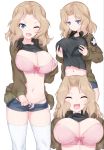  1girl :d ;d ^_^ absurdres blonde_hair blue_eyes bomber_jacket bra breasts brown_jacket cleavage closed_eyes commentary_request denim denim_shorts girls_und_panzer highres jacket kay_(girls_und_panzer) large_breasts long_hair long_sleeves multiple_views navel one_eye_closed open_mouth panties saunders_military_uniform short_shorts shorts smile standing thighhighs underwear white_thighhighs yoi_naosuke 