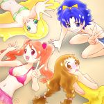  10s 4girls arisugawa_himari back bikini bikini_shorts bikini_skirt blonde_hair blue_eyes blue_hair blush breasts brown_eyes brown_hair food food_themed_hair_ornament fruit green_eyes grin hair_ornament high_ponytail kirahoshi_ciel kirakira_precure_a_la_mode kneeling long_hair looking_at_viewer looking_back lying multiple_girls one-piece_swimsuit open_mouth pink_eyes ponytail precure red_hair ruriruri shorts small_breasts smile strawberry swimsuit tategami_aoi teeth twintails usami_ichika v 