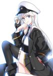  animal animal_on_shoulder azur_lane bald_eagle bangs bare_shoulders bird bird_on_shoulder black_coat black_footwear black_legwear black_neckwear boots clenched_hand collared_shirt commentary_request eagle enterprise_(azur_lane) eyebrows_visible_through_hair hand_in_pocket hand_on_own_chin hat jinnot long_hair looking_at_viewer military military_uniform necktie peaked_cap purple_eyes shirt silver_hair sitting sleeveless sleeveless_shirt solo thighhighs thighs uniform white_hat white_shirt zettai_ryouiki 