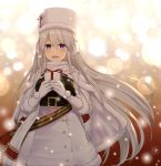  1girl azur_lane blush box breasts capelet character_name christmas chysk_hm coat cowboy_shot earmuffs enterprise_(azur_lane) eyebrows_visible_through_hair fur-trimmed_hat fur_trim gift gift_box gloves hair_between_eyes hat long_hair looking_at_viewer medium_breasts open_mouth pom_pom_(clothes) purple_eyes sash scarf silver_hair smile snow solo straight_hair stuffed_animal stuffed_toy white_gloves white_hat 