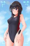  :/ agatsuma_kaede alice_gear_aegis bangs black_hair black_swimsuit blue_background blue_eyes blue_sky blush breasts breasts_apart camera chinese_commentary closed_mouth cloud collarbone commentary_request competition_swimsuit covered_navel cowboy_shot day directional_arrow embarrassed emblem flower hands_on_own_thighs hips long_hair looking_at_viewer maxdeng medium_breasts one-piece_swimsuit outdoors phone_screen pov raised_eyebrows sky solo standing straight_hair swimsuit taking_picture thighs viewfinder wavy_mouth wet 