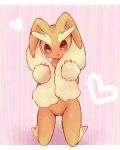  1girl animal_ears ayahana black_sclera blush bunny_ears female full_body furry hands_up heart highres kneeling looking_at_viewer lopunny no_humans pink_background pokemon pokemon_(creature) pokemon_dppt red_eyes simple_background solo 