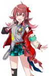  armband blue_shorts bow emblem eyebrows_visible_through_hair frills grey_shirt hair_bow idol_clothes idolmaster idolmaster_shiny_colors jacket komiya_kaho letterman_jacket looking_at_viewer medium_hair microphone mismatched_legwear official_art open_mouth pink_eyes pink_hair red_bow red_jacket shirt shorts smile solo star thighhighs transparent_background 