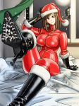  1girl boots breasts brown_eyes brown_hair enkaboots hat highres large_breasts santa_costume santa_hat short_hair thigh_boots thighhighs 