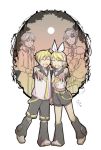  2girls :d allen_avadonia anniversary blonde_hair brother_and_sister closed_eyes detached_sleeves dress evillious_nendaiki full_moon hair_ornament hair_ribbon hairclip headset holding_hands ichi_ka kagamine_len kagamine_rin looking_at_viewer master_of_the_heavenly_yard_(vocaloid) midriff_peek moon multiple_boys multiple_girls necktie open_mouth outstretched_hand ponytail ribbon riliane_lucifen_d'autriche shorts siblings smile spoilers vocaloid yellow_neckwear 