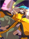  akizuki_maku black_hat blonde_hair commentary_request constellation_print green_skirt hair_between_eyes hat highres light long_hair long_skirt long_sleeves matara_okina open_mouth skirt solo tabard touhou very_long_hair wide_sleeves yellow_eyes 