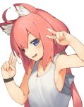  ahoge animal_ear_fluff animal_ears armpits bangs bare_arms bare_shoulders blue_eyes blush cat_ears collarbone commentary_request double_v eyebrows_visible_through_hair hair_between_eyes head_tilt highres hinata_channel long_hair looking_at_viewer low_twintails nekomiya_hinata parted_lips pink_hair seramikku sidelocks simple_background smile solo tank_top twintails upper_body v very_long_hair virtual_youtuber white_background white_tank_top 