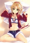  arms_up bandeau bangs bare_legs belt belt_buckle blonde_hair breasts buckle character_name cleavage cleavage_cutout closed_mouth collarbone cutoffs denim denim_shorts eyebrows_visible_through_hair fate/apocrypha fate_(series) green_eyes holding jacket jewelry long_hair long_sleeves looking_at_viewer medium_breasts mordred_(fate) mordred_(fate)_(all) navel necklace open_clothes open_jacket parted_bangs pendant pillow ponytail red_jacket shiny shiny_hair shiny_skin shorts sidelocks sitting smile solo stomach yashiro_seika yokozuwari 