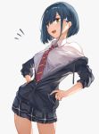  :d absurdres blue_hair breasts commentary_request cowboy_shot darling_in_the_franxx eyebrows_visible_through_hair green_eyes grey_background hair_ornament hairclip hana_mori hands_on_hips highres ichigo_(darling_in_the_franxx) jacket looking_at_viewer medium_breasts necktie notice_lines off_shoulder open_clothes open_jacket open_mouth pleated_skirt school_uniform short_hair simple_background skirt smile solo 