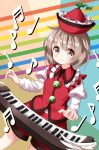  beamed_sixteenth_notes brown_eyes brown_hair collar eighth_note eyes_visible_through_hair frilled_collar frills hat highres instrument juliet_sleeves keyboard_(instrument) long_sleeves lyrica_prismriver musical_note puffy_sleeves quarter_note rainbow_order red_shorts ruu_(tksymkw) short_hair shorts smile solo touhou 