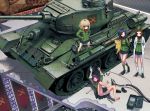  baichenguang black_hair blonde_hair blue_eyes brown_eyes brown_hair caterpillar_tracks commentary_request emblem girls_und_panzer graphite_(medium) ground_vehicle katyusha labcoat lying military military_vehicle motor_vehicle multiple_girls nonna original panties pantyshot pantyshot_(lying) pravda_(emblem) pravda_school_uniform purple_eyes purple_hair russian short_hair skirt t-34 tank traditional_media underwear white_panties wrench 