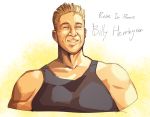  :d at2. bare_shoulders billy_herrington blonde_hair character_name collarbone forehead gachimuchi grin male_focus muscle open_mouth real_life sleeveless smile solo tank_top teeth two-tone_background upper_body 