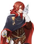  alvis_(fire_emblem) black_cape bouquet cape collar fire_emblem fire_emblem:_seisen_no_keifu flower gloves highres light_smile lips long_hair looking_at_viewer male_focus medium_hair red_eyes red_hair solo sword transparent_background wavy_hair weapon white_gloves 