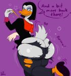  anthro avian big_butt bird black_hair butt butt_expansion clothing disney duck ducktales english_text eyeshadow feathers female gender_transformation hair hi_res huge_butt invalid_tag magic magica_de_spell makeup mtf_transformation smile solo standing sutibaru text torn_clothing transformation white_feathers 