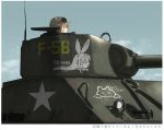  animal_ears blonde_hair blue_eyes bow bowtie bunny_ears commentary fake_animal_ears glasses goggles goggles_on_head ground_vehicle helmet kantai_collection kilroy_was_here kitsuneno_denpachi m4_sherman m4a3e8 military military_vehicle motor_vehicle multiple_girls nose_art ooyodo_(kantai_collection) star tank tank_turret translated 