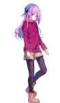  aikatsu! aikatsu!_(series) bangs black_legwear blue_ribbon blush boots brown_footwear brown_shorts closed_mouth drawstring eyebrows_visible_through_hair full_body hair_between_eyes hair_ribbon head_tilt highres hikami_sumire hood hood_down hoodie long_hair long_sleeves looking_at_viewer makiaato pantyhose purple_eyes purple_hair purple_hoodie ribbon short_shorts shorts simple_background sketch smile solo standing standing_on_one_leg white_background 