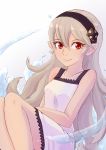  alternate_costume bangs bare_shoulders black_hairband blonde_hair blush closed_mouth collarbone dress eyebrows_visible_through_hair feet_out_of_frame female_my_unit_(fire_emblem_if) fire_emblem fire_emblem_if gradient gradient_background grey_background hair_between_eyes hairband highres knees_up lauceryse long_hair my_unit_(fire_emblem_if) pointy_ears red_eyes shiny shiny_hair sitting sleeveless sleeveless_dress smile solo sundress very_long_hair water white_dress 
