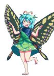  :d barefoot blue_hair brown_eyes butterfly_wings commentary_request dress eternity_larva full_body highres looking_at_viewer open_mouth short_hair smile sokutenkun solo standing standing_on_one_leg thighs toes touhou wings yellow_wings 