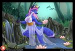  anthro azaleesh blue_fur breasts brown_eyes canine cleavage clothed clothing female flower fox fur hair holding_object jennie lotus mammal pink_hair plant pond solo tree water 