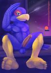  anthro avian balls barefoot beak bedroom bird blue_feathers claws erection falco_lombardi falcon feathers green_eyes hologram_(artist) humanoid_penis inside looking_at_viewer male nintendo nude pecs penis raised_arm sharp_claws sitting smile solo spread_legs spreading star_fox toe_claws vein veiny_penis video_games wings 