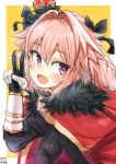  :d astolfo_(fate) bangs black_bow black_gloves blush bow braid cloak commentary crown eyebrows_visible_through_hair eyelashes fang fate/apocrypha fate_(series) fur-trimmed_cloak fur_collar gauntlets gloves gold_trim hair_between_eyes hair_bow hair_intakes hand_up head_tilt highres juliet_sleeves long_hair long_sleeves looking_at_viewer male_focus mini_crown nayuhi_(yukimuu14) open_mouth otoko_no_ko outside_border parted_bangs pink_hair puffy_sleeves purple_eyes raised_eyebrows red_cloak signature single_braid sketch smile solo tilted_headwear upper_body v yellow_background 