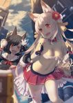  :d animal_ears azur_lane bandaged_arm bandages bangs bare_shoulders black_hair black_shirt blonde_hair blue_sky blurry blurry_background blush bow breasts bridal_gauntlets budget_sarashi building cleavage cloud collar collarbone day depth_of_field drum_(container) eyebrows_visible_through_hair fake_animal_ears fang flower hair_flower hair_ornament hankon heart highres holding ladder leaning_forward leg_up long_hair looking_back mechanical_ears medium_breasts miniskirt multiple_girls navel off_shoulder open_mouth outdoors ponytail red_bow red_eyes red_flower red_skirt sarashi shigure_(azur_lane) shirt single_bare_shoulder skirt sky smile snowball standing standing_on_one_leg stomach strapless sunlight tareme tassel teeth thick_eyebrows thighhighs v-shaped_eyebrows very_long_hair white_flower white_legwear wolf_ears yuudachi_(azur_lane) zettai_ryouiki 