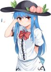  arm_behind_back arm_up bangs black_hat blush bow bowler_hat bowtie center_frills closed_mouth color_guide commentary_request cowboy_shot eyebrows_visible_through_hair food frilled_shirt frills fruit hand_in_hair hat hat_ornament hinanawi_tenshi leaf long_hair looking_at_viewer momoiro_lettuce peach puffy_short_sleeves puffy_sleeves red_bow red_eyes red_neckwear shirt short_sleeves sidelocks simple_background skirt solo standing straight_hair sweatdrop tareme touhou white_background white_skirt 
