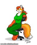  2018 3_toes 4_fingers anthro barefoot breasts canine chair cheek_tuft cleavage clothed clothing dipstick_tail doc_nickel female fox gloves_(marking) hair hair_bow hair_ribbon hand_on_thigh inner_ear_fluff mammal markings multicolored_tail office_chair pants ponytail red_hair ribbons sandy_(the_whiteboard) shirt simple_background sitting solo toes tuft white_background 