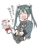  commentary_request dog green_hair hair_ribbon hakama_skirt highres japanese_clothes kantai_collection long_hair multiple_girls ribbon sanpachishiki_(gyokusai-jima) shoukaku_(kantai_collection) tears translated twintails white_ribbon zuikaku_(kantai_collection) 