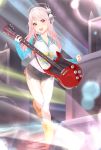  :d absurdres animal_print ariatsuki boots breasts cat_print cleavage cutoffs electric_guitar eyebrows_visible_through_hair full_body guitar headphones highres instrument large_breasts light_rays long_hair long_sleeves looking_at_viewer nitroplus open_mouth pink_eyes pink_hair plectrum raglan_sleeves short_shorts shorts sleeves_past_wrists smile solo speaker standing standing_on_one_leg super_sonico 