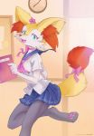  ancesra anthro blue_eyes braixen canine clothed clothing female fur looking_at_viewer mammal nintendo open_mouth pok&eacute;mon pok&eacute;mon_(species) ribbons school_uniform skirt solo uniform video_games white_fur yellow_fur 