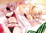  2girls absurdly_long_hair ahoge armpits ass beach beach_towel belt bikini black_bikini black_gloves blonde_hair blue_eyes blush breasts cleavage commentary_request competition_swimsuit fate/grand_order fate_(series) gloves jeanne_d&#039;arc_(alter)_(fate) jeanne_d&#039;arc_(alter_swimsuit_berserker) jeanne_d&#039;arc_(fate) jeanne_d&#039;arc_(fate)_(all) jeanne_d&#039;arc_(swimsuit_archer) large_breasts long_hair lying mouth_hold multiple_girls o-ring o-ring_bikini o-ring_bottom o-ring_top on_back on_stomach one-piece_swimsuit palm_leaf pink_legwear ponytail sakura_nitouhei silver_hair single_thighhigh sweatdrop swimsuit thighhighs towel very_long_hair whistle whistle_around_neck yellow_eyes 