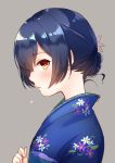  blue_hair blue_kimono blush commentary floral_print flower from_side hair_flower hair_ornament hatomugi_(mugicha) highres idolmaster idolmaster_shiny_colors japanese_clothes kimono looking_at_viewer morino_rinze open_mouth orange_eyes short_hair sweatdrop 