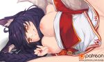  1girl ahri braid breasts breasts_outside fox_ears fox_girl highres large_breasts league_of_legends nipples out-of-frame_censoring patreon_username smile solo spread_legs sweat whisker_markings yanje yellow_eyes 