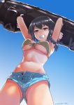  armpits arms_up bangs braid breasts brown_eyes commentary_request girls_und_panzer jack_hamster looking_at_viewer medium_breasts navel pepperoni_(girls_und_panzer) short_hair short_shorts shorts side_braid solo swimsuit underboob 