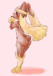  1girl animal_ears ass black_sclera blush bunny_ears bunny_tail feet female from_behind full_body furry hand_to_mouth hand_up highres kuou looking_at_viewer looking_back lopunny no_humans paws pink_background pokemon pokemon_(creature) pokemon_dppt red_eyes simple_background solo standing tail 