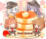  :d akatsuki_(kantai_collection) anchor_symbol bangs black_footwear black_hat black_legwear black_skirt blue_eyes blush brown_eyes brown_hair chibi closed_eyes closed_mouth commentary_request copyright_name eyebrows_visible_through_hair fang flag flat_cap food hair_between_eyes hat hibiki_(kantai_collection) ikazuchi_(kantai_collection) inazuma_(kantai_collection) kantai_collection kneehighs long_sleeves multiple_girls necktie open_mouth outstretched_arms pancake pleated_skirt purple_eyes purple_hair red_neckwear school_uniform serafuku shirt sideways_hat silver_hair skirt sleeves_past_wrists smile spread_arms stack_of_pancakes standing syrup thighhighs white_shirt wishbone 