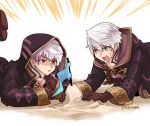  cape dark_persona dual_persona fire_emblem fire_emblem:_kakusei fire_emblem_heroes flag gimurei gloves hood male_focus male_my_unit_(fire_emblem:_kakusei) multiple_boys my_unit_(fire_emblem:_kakusei) open_mouth red_eyes robe sand short_hair white_hair yamada_(ymdroygbiv) 