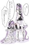  :t absurdly_long_hair choker commentary_request damemoto_000 dress euryale fate/grand_order fate/hollow_ataraxia fate_(series) hairband highres jewelry kneeling lolita_hairband long_hair looking_at_another looking_down measuring multiple_girls open_mouth purple_eyes purple_hair sandals see-through shaded_face siblings sisters sleeveless sleeveless_dress standing stheno sweat tape_measure translation_request triangle_mouth twins twintails very_long_hair white_background 