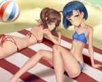  ahoge arm_support ass ball beach beachball bikini blue_bikini blue_hair breasts brown_hair darling_in_the_franxx day green_eyes halterneck ichigo_(darling_in_the_franxx) leaning_back looking_at_viewer lying miku_(darling_in_the_franxx) multiple_girls navel on_stomach outdoors pink_bikini ryuinu short_hair side-tie_bikini sideboob small_breasts strap_gap string_bikini striped striped_bikini swimsuit tankini twintails 